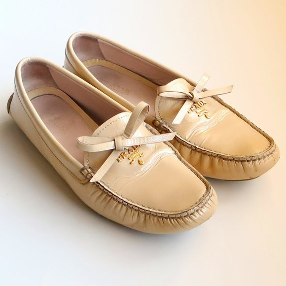 AUTHENTIC Prada Cream Leather Bow Detail Driving Loafers / Flat Slip On Shoes 7 - Picture 2 of 16